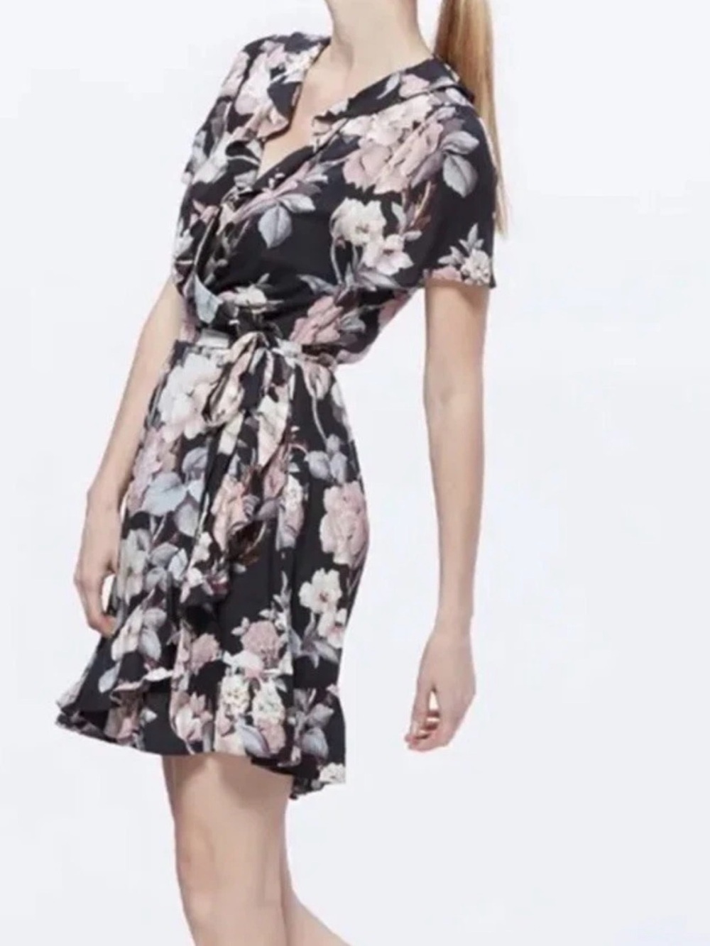 PAIGE Cardamom Floral Wrap Dress Black Evening Sand Ruffle Short Sleeve XS - Picture 2 of 15